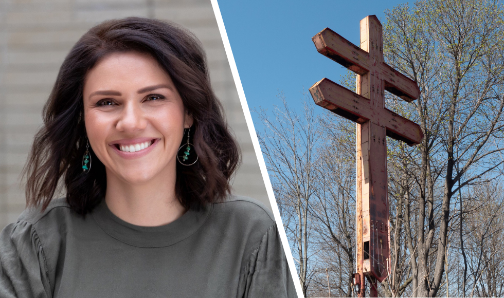 A collage of a headshot of Vanessa Watts and the Cross of Lorraine