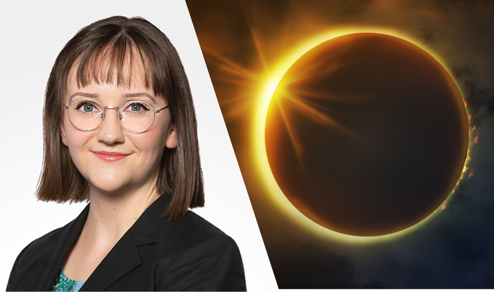 Abby Kulisz head on the left and a picture of a full eclipse on the right